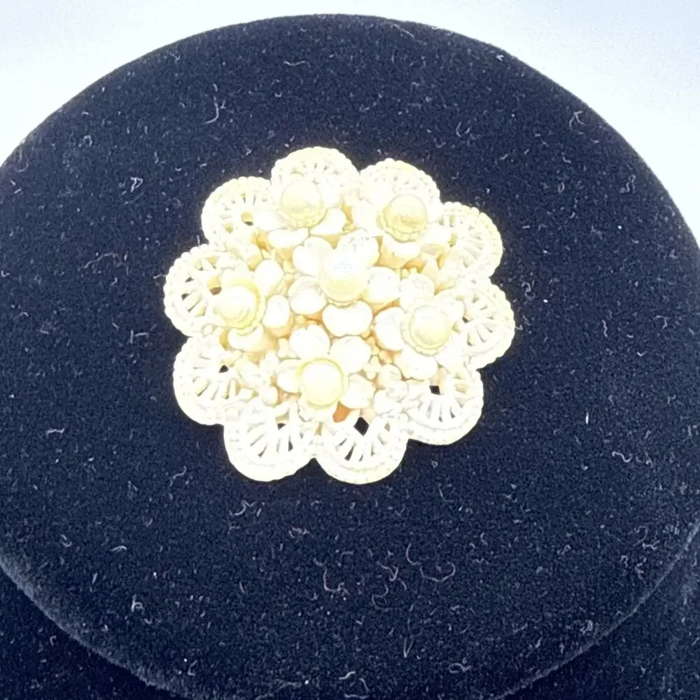Vintage Celluloid Brooch Carved Floral Openwork Lace Pin With Pearls READ